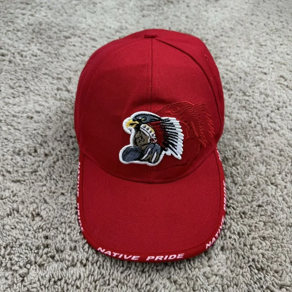 Native Pride American Indian Hat Red‎ Adjustable Strap Chief Feathers Eagle Cap